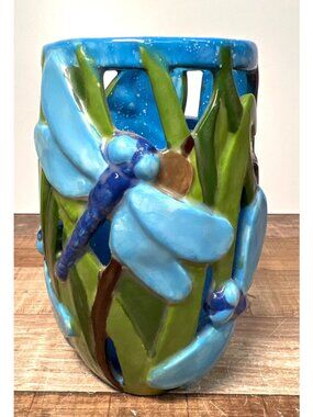 Handcrafted Ceramic Dragonfly Candle Holder With Cutout Design Blue  Green Glaze
